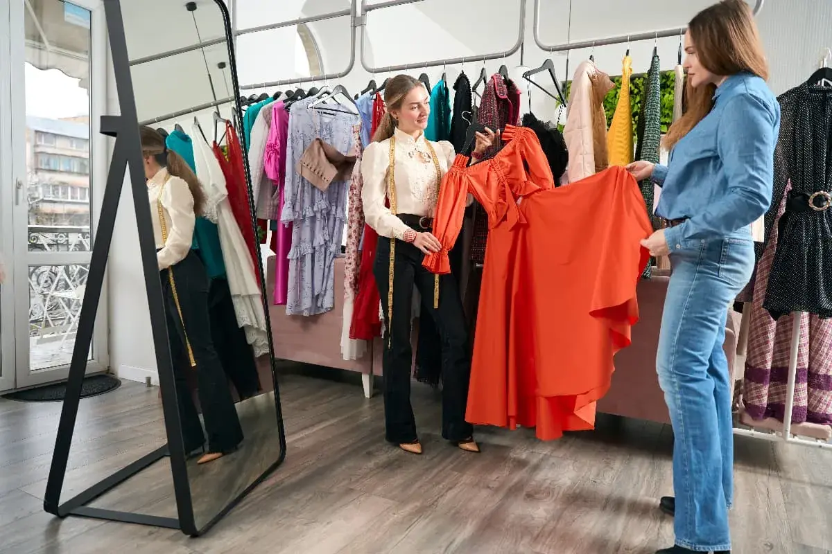 Dos mujeres discuten el outfit significado de un vestido naranja vibrante en una boutique.
