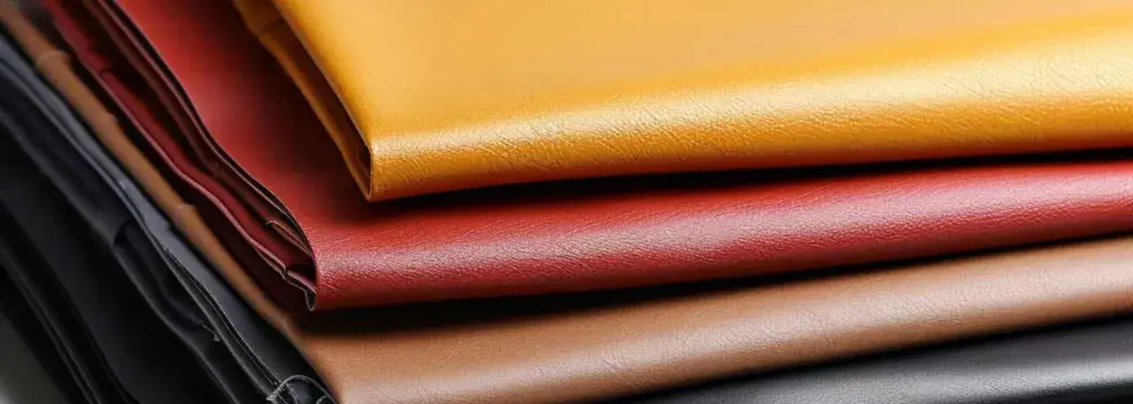 Apilamiento de muestras de cuero pu vegano en tonos ocre, rojo, marrón y negro.