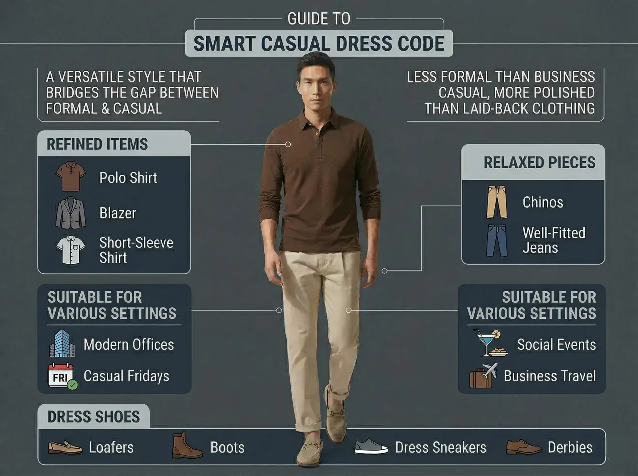 Hombre con vestimenta smart casual: polo marrón, chinos beige y mocasines. Ideal para oficinas modernas y eventos sociales.