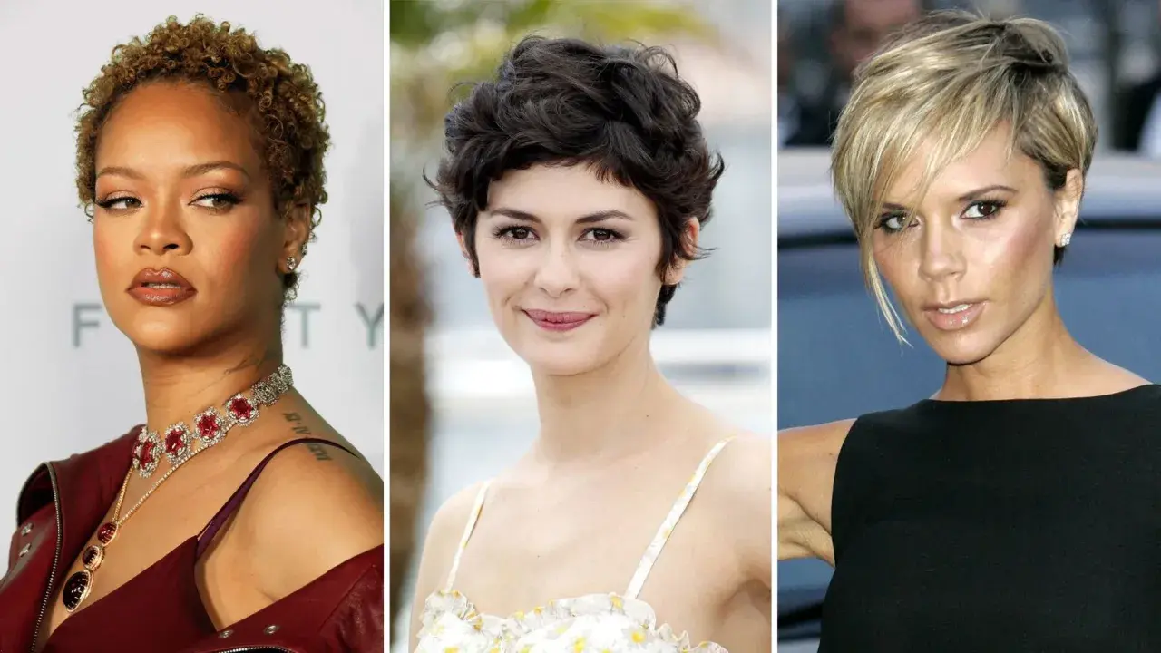 Tres mujeres con pixie moderno atrevidos cortes de pelo mujer corto. Rihanna, Audrey Tautou y Victoria Beckham lucen estilos audaces.