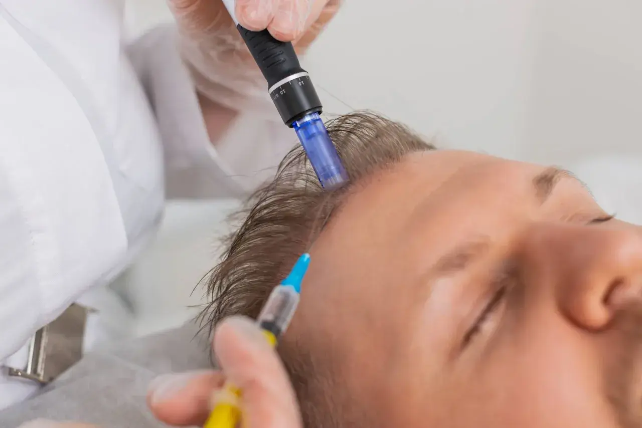 Un profesional realiza microneedling capilar en la cabeza de un hombre, aplicando un tratamiento para estimular el crecimiento del cabello.