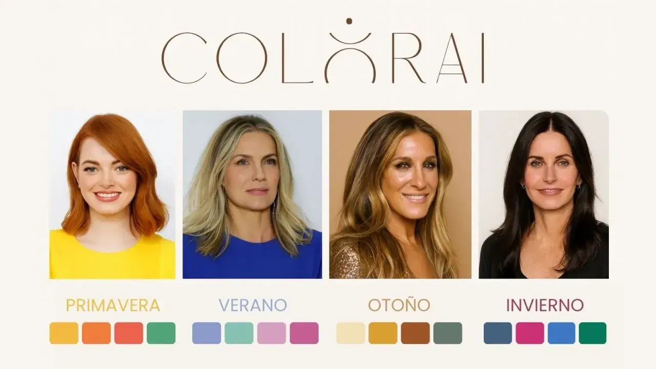 Cuatro mujeres representan los tipos de colorimetría: Primavera, Verano, Otoño e Invierno, con paletas de colores asociadas.