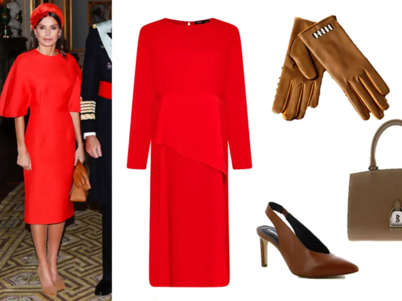 Ideas para combinar vestido coral: un vestido rojo, guantes marrones, bolso y zapatos a juego.
