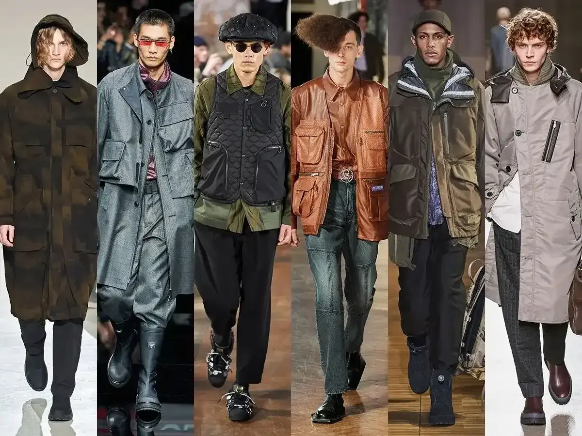 Modelos lucen abrigos y chalecos utilitarios, mostrando un estilo urbano y funcional. La moda masculina se reinventa con este aesthetic que es práctico y vanguardista.