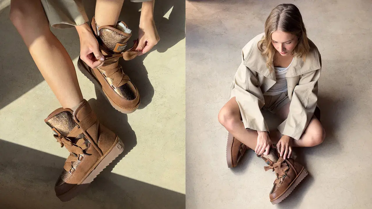 Manos atando cordones de botas serraje beige con detalles metalizados. Aprende como limpiar botas serraje beige.