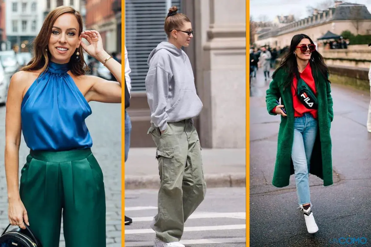 Tres mujeres lucen estilos urbanos. Una lleva un top azul y pantalones verdes, otra un conjunto gris y cargo, y la tercera un abrigo verde con rojo. Demuestran colores que combinan con el verde.