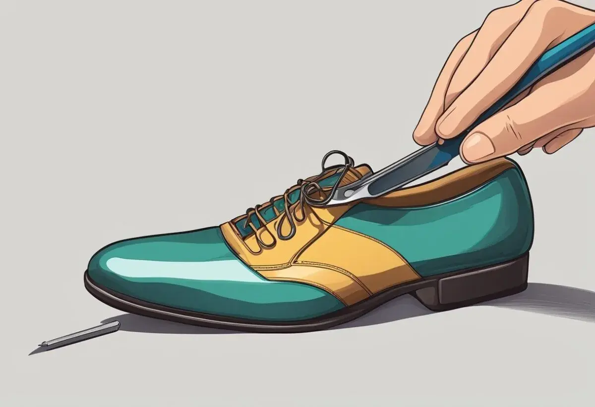 Herramienta para ensanchar zapatos de dos tonos, verde azulado y amarillo, con un zapato de vestir.