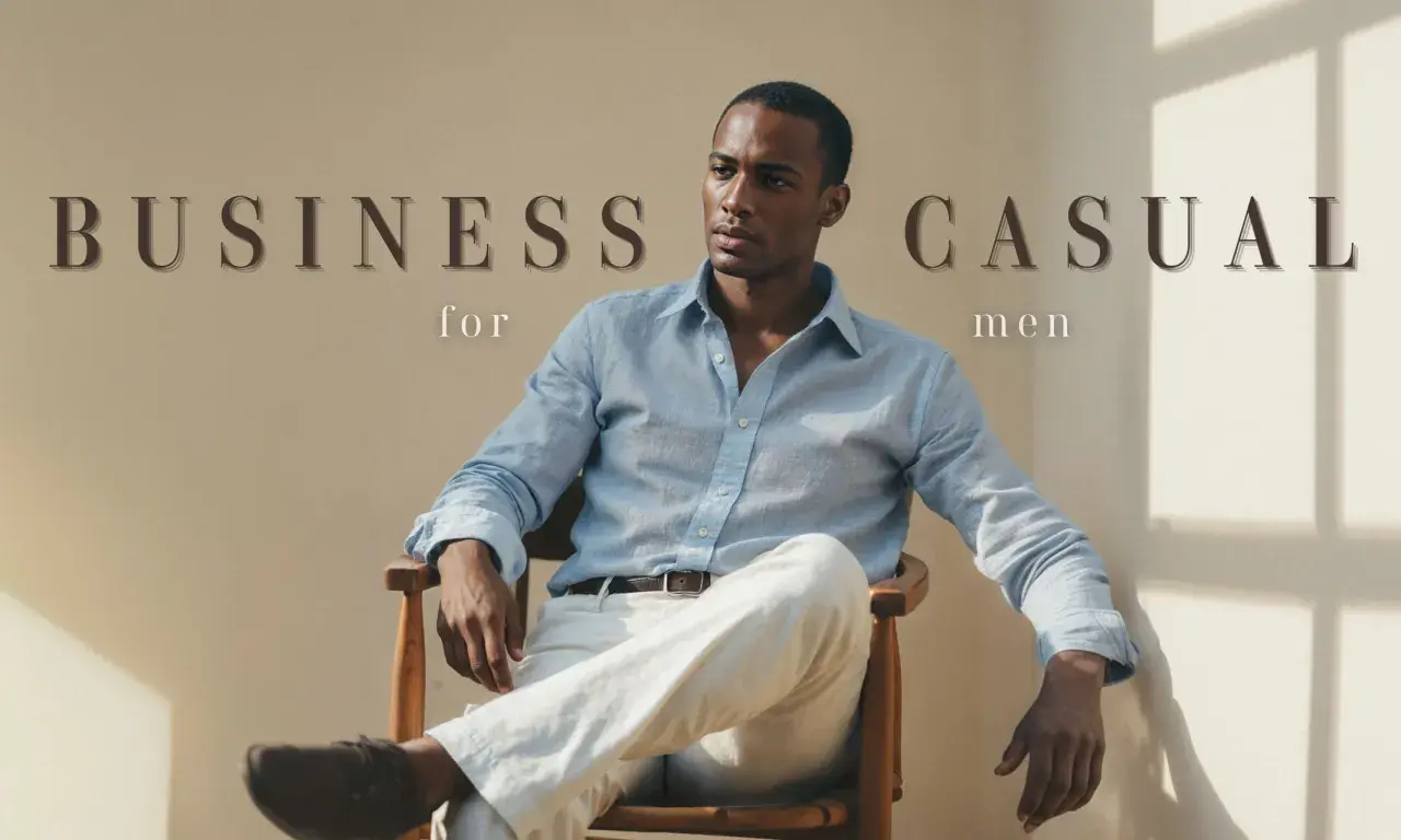 Hombre con camisa azul claro y pantalones blancos, luciendo un estilo business casual.