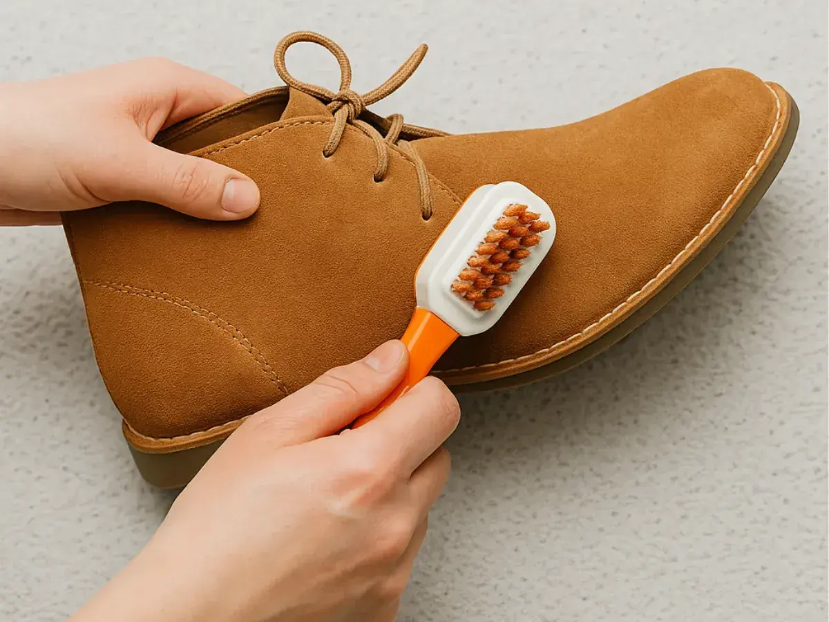 Manos limpiando un zapato de gamuza marrón con un cepillo. Aprende como se limpia la piel de tus zapatos favoritos.