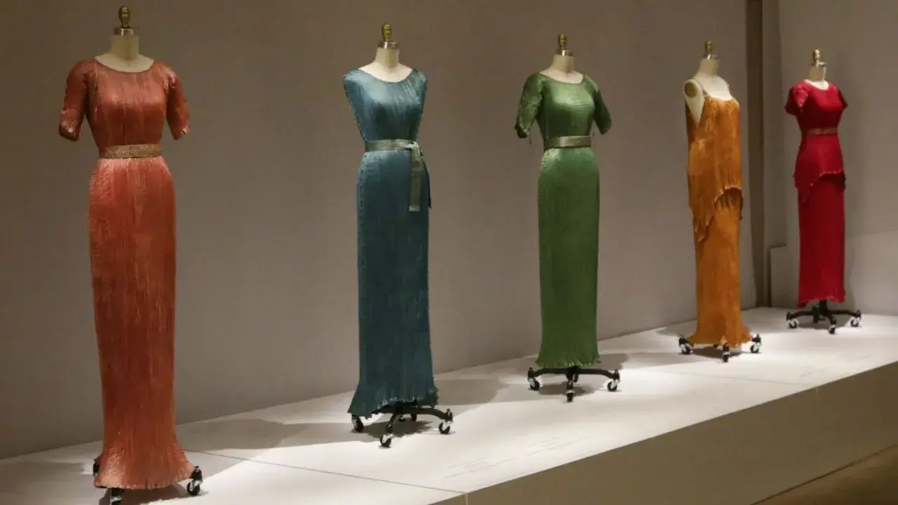 Cinco vestidos Delphos en tonos vibrantes: naranja, azul, verde, amarillo y rojo, exhibidos en maniquíes.