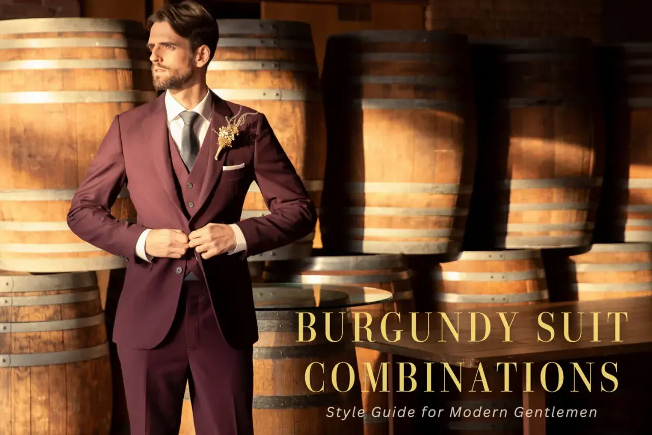 Hombre con traje burdeos, camisa blanca y corbata gris. Un estilo elegante para combinar color burdeos hombre.