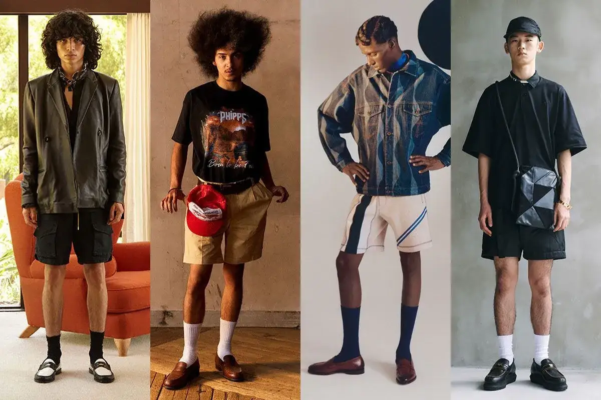 Cuatro hombres posan con looks inspirados en la vestimenta años 80: cuero, estampados retro, denim y minimalismo.