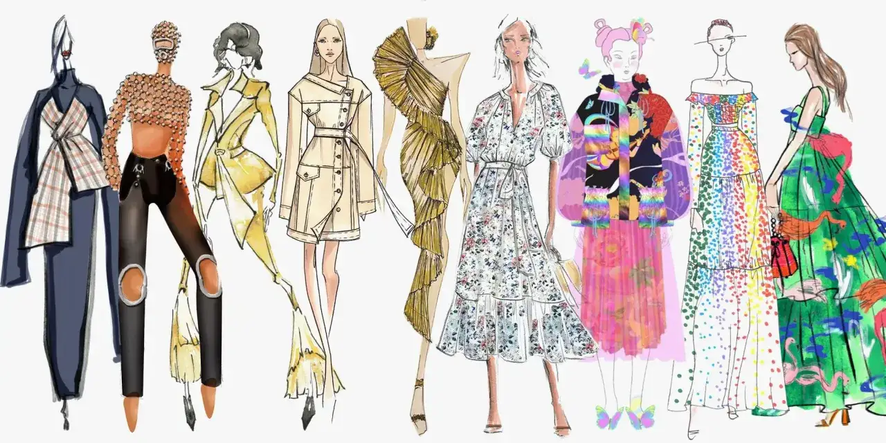 Ilustraciones de moda que muestran diversos tipos de aesthetic: desde lo vanguardista y atrevido hasta lo floral y vibrante.