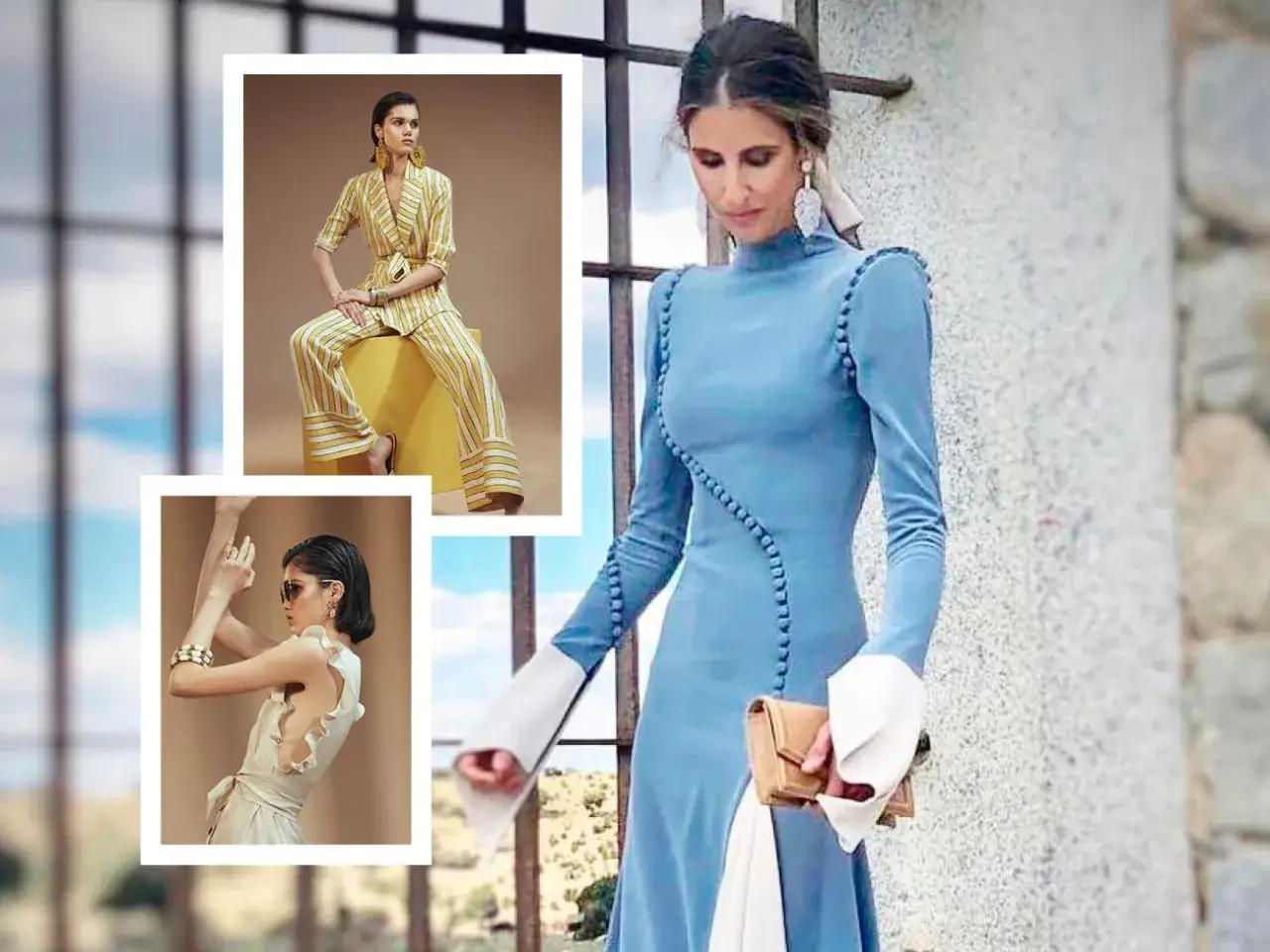 Inés Domecq luce un elegante vestido azul con detalles de botones y mangas acampanadas. En los recuadros, un traje de rayas amarillas y un vestido blanco con volantes.