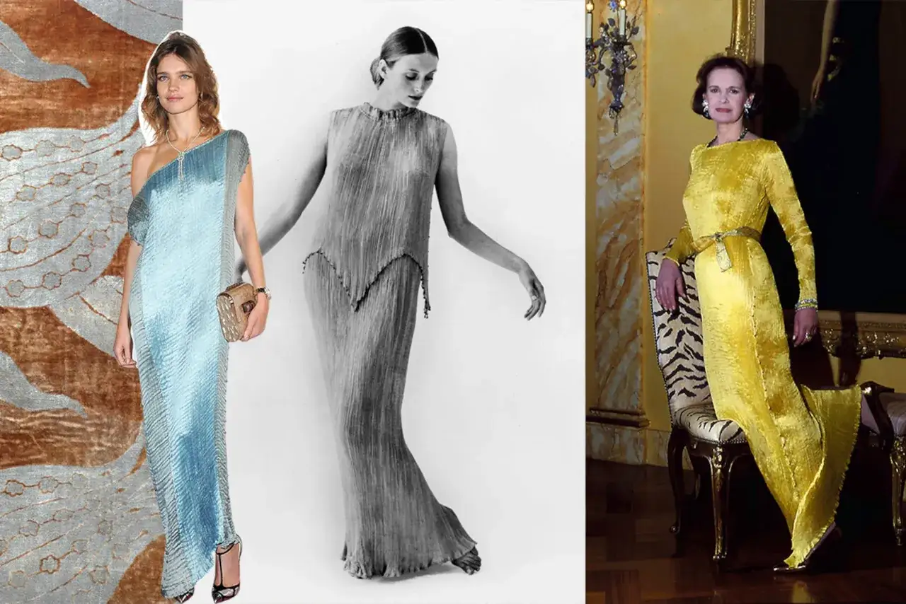 Tres mujeres lucen el icónico vestido Delphos en azul, gris y amarillo.