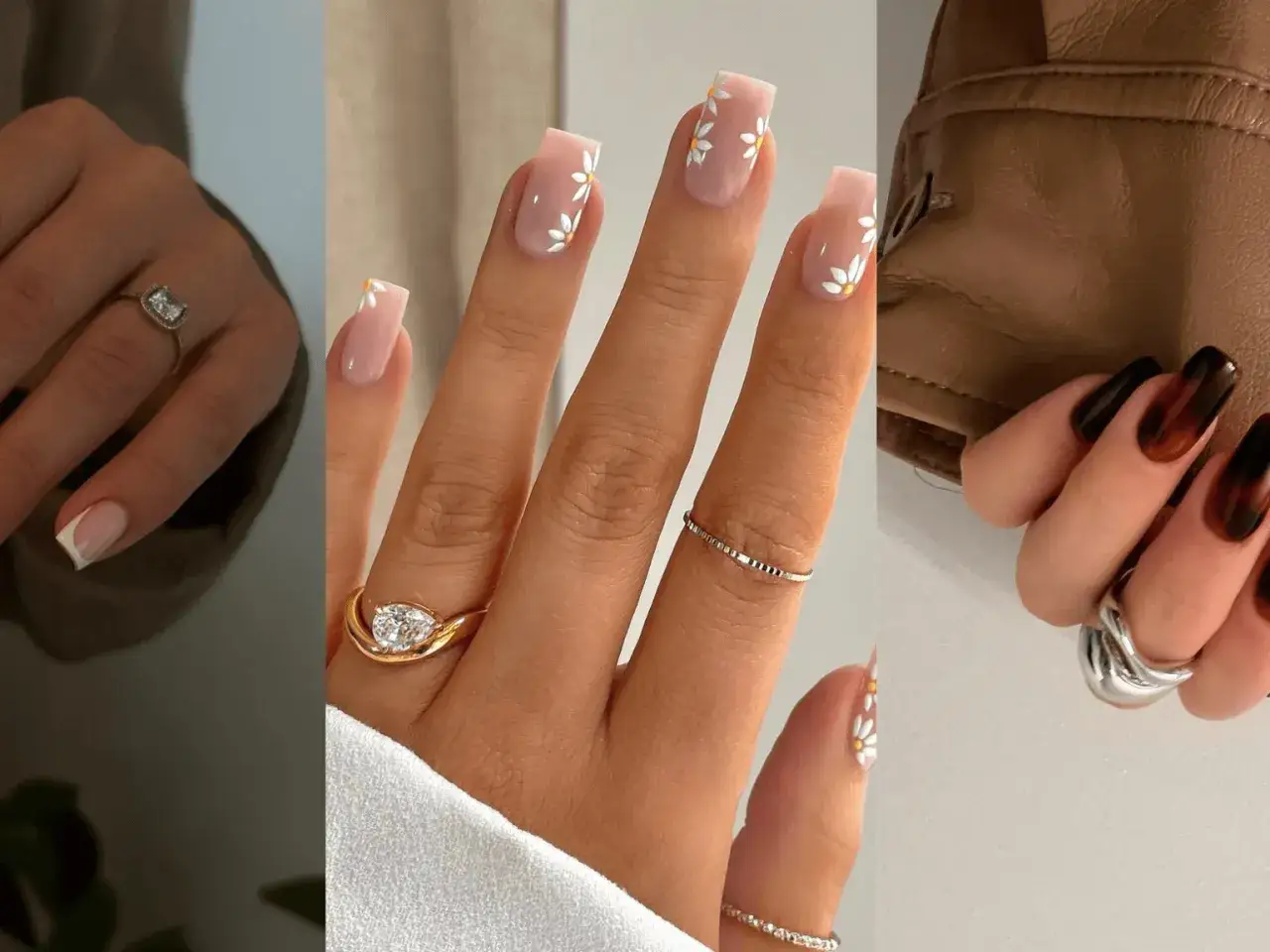 Manicura de uñas cuadradas con diseños de flores de margarita, efecto tortuga y francesa.