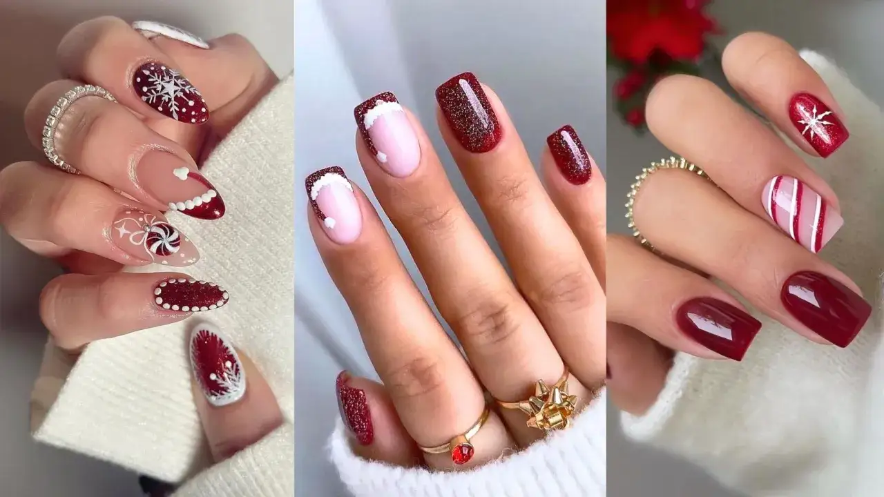 Uñas rojas decoradas elegantes con motivos invernales: copos de nieve, caramelos, gorros de Papá Noel y rayas.
