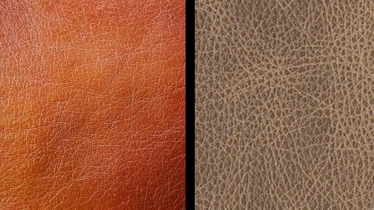Dos texturas de cuero: una naranja vibrante y otra marr&oacute;n, ambas con un patr&oacute;n de grietas finas. El cuero PU es vegano.