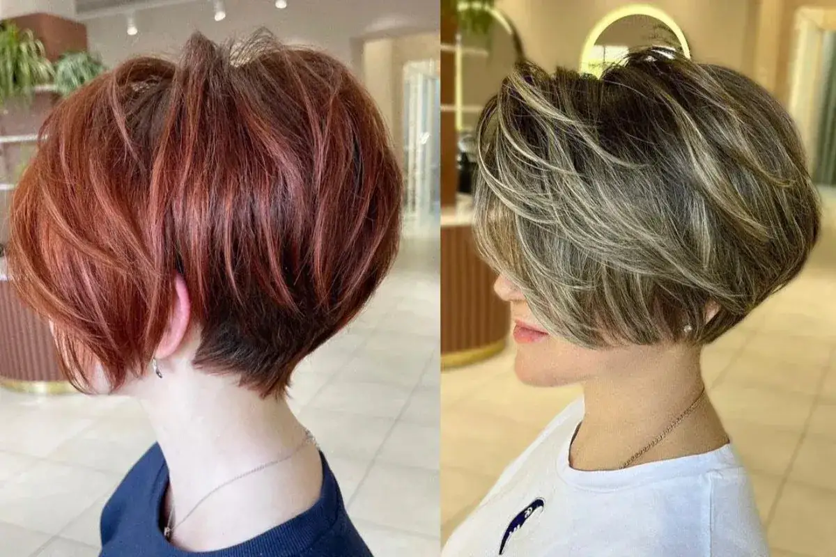 Dos estilos de corte de pelo corto mujer: uno cobrizo con capas y otro rubio con mechas, ambos modernos y favorecedores.