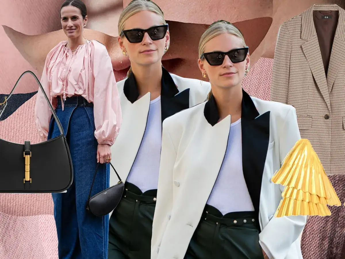 Mujer con estilo smart casual: blusa rosa, jeans anchos, blazer blanco y negro, y accesorios chic.