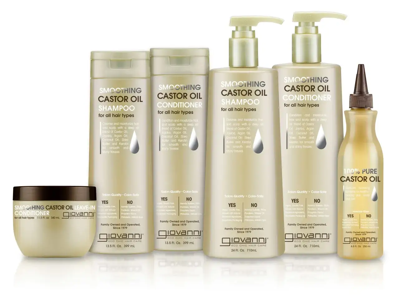 Línea de productos Giovanni con aceite de ricino para el pelo: champú, acondicionador y aceite puro.