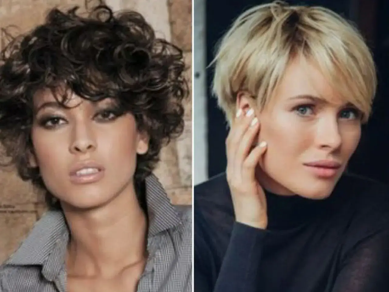 Dos mujeres con cortes de pelo modernos. La de la izquierda tiene pelo rizado oscuro y la de la derecha, pelo rubio corto. Cortes de pelo que rejuvenecen a los 50.