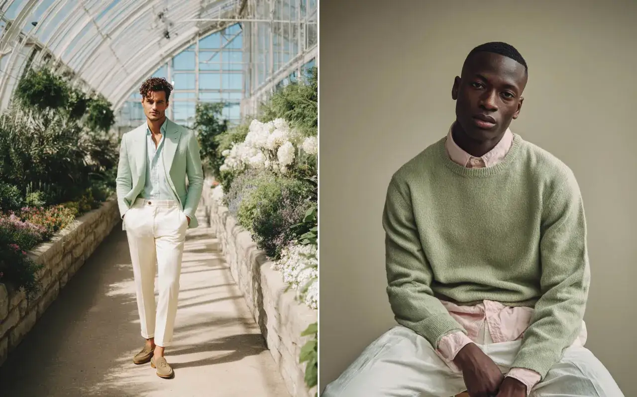 Ideas para como combinar el color verde: un hombre con traje verde menta y pantalón blanco, y otro con suéter verde y camisa rosa.