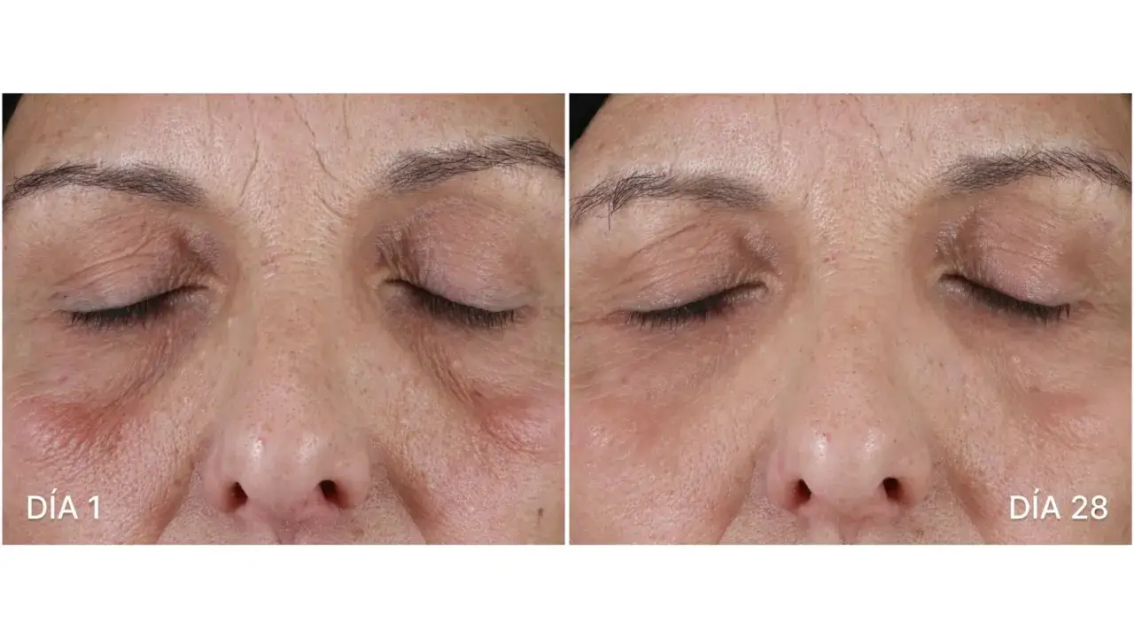 Comparativa de piel antes y después de radiofrecuencia facial. Día 1: arrugas marcadas. Día 28: piel más lisa y firme.