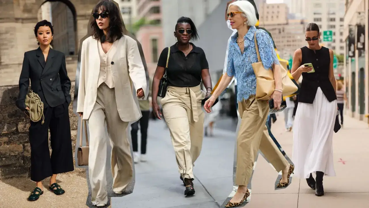 Cinco mujeres lucen atuendos bussines casual en la calle, con trajes de chaqueta, pantalones de vestir y faldas elegantes.