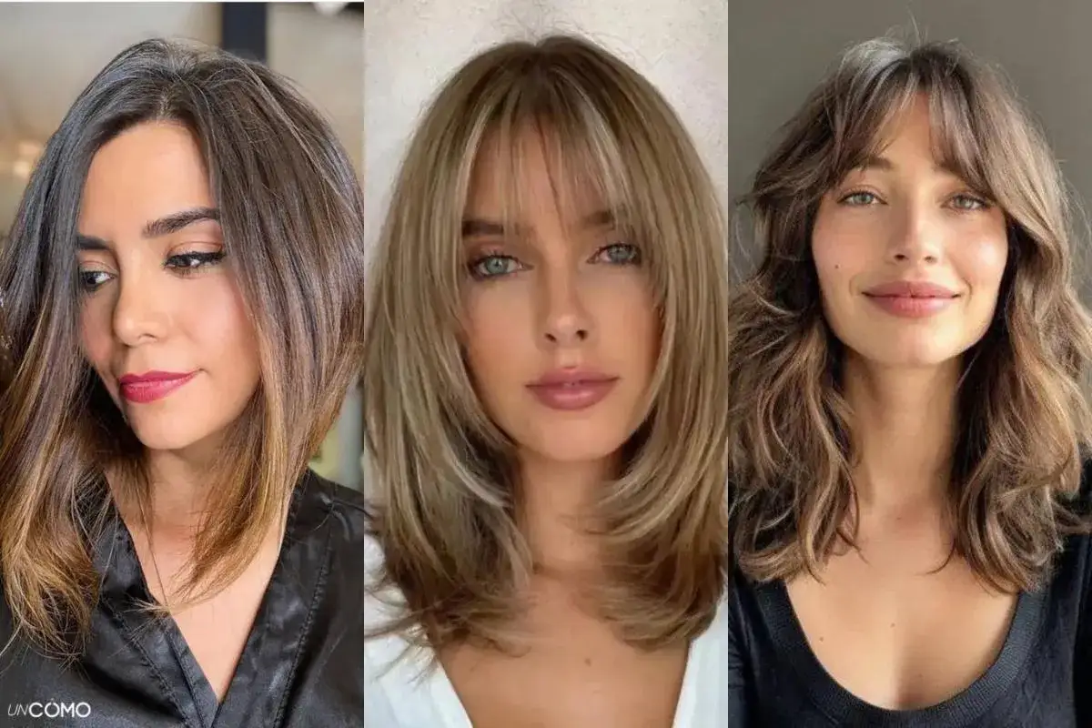 Tres mujeres con cortes de pelo modernos. La de la izquierda tiene un bob asimétrico, la del centro un corte con capas y flequillo, y la de la derecha un estilo con ondas y flequillo desfilado, todos con un aire de hush cut.