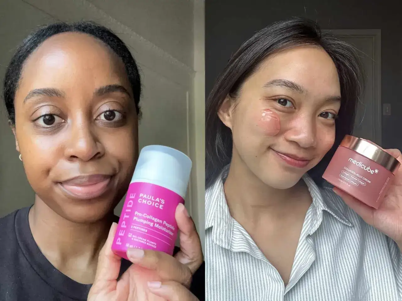 Dos mujeres muestran productos para el cuidado de la piel. Una sostiene un humectante con péptidos y la otra, una crema de gelatina de colágeno para la piel.
