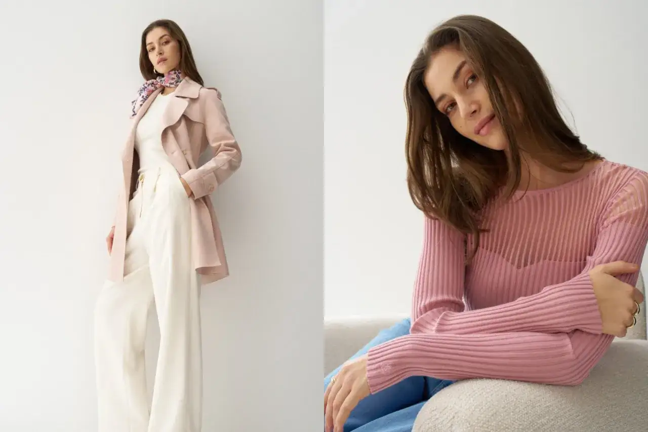 Mujer con estilo, encarnando el quiet luxury con un traje rosa pálido y pantalones blancos amplios.