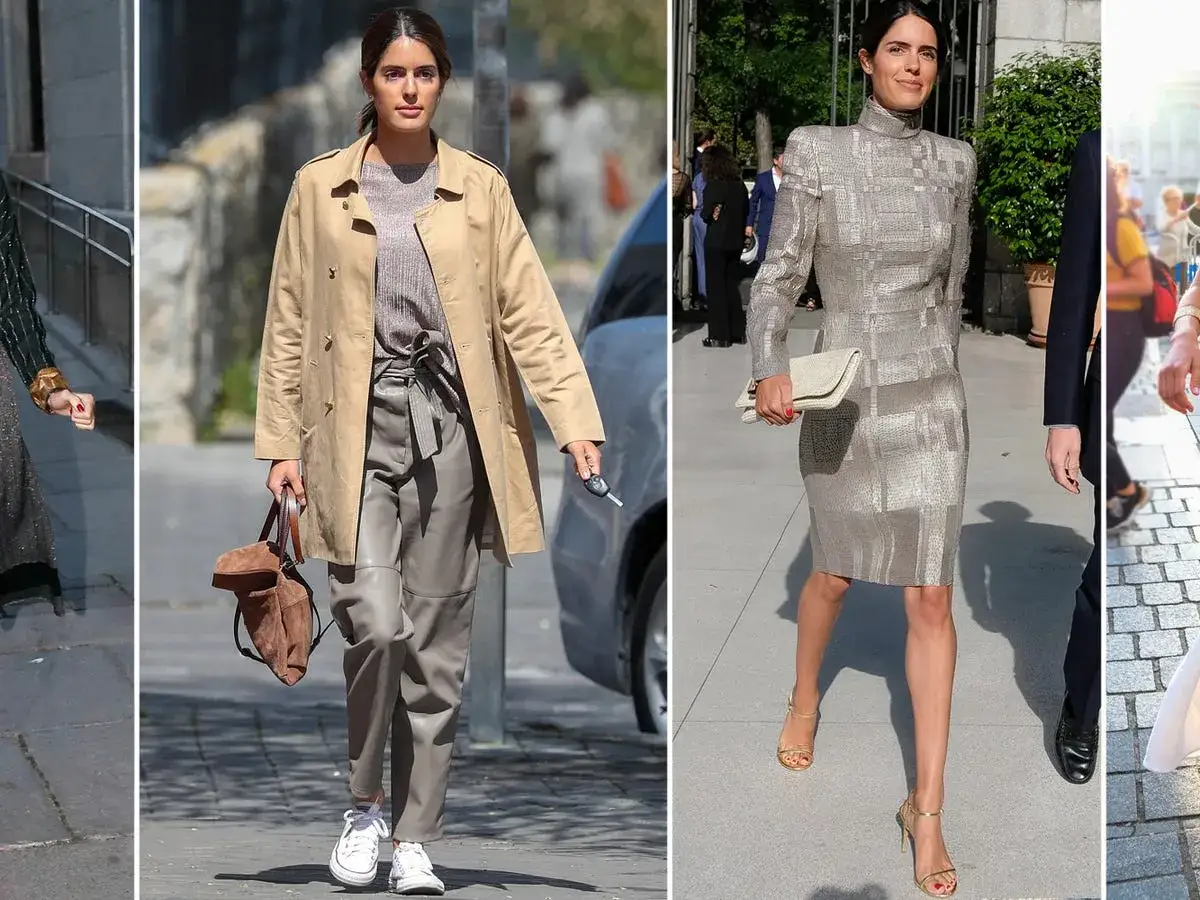 Sofia Palazuelo luce elegante con un vestido plateado y tacones dorados, y en otra imagen, con gabardina y pantalones de cuero.
