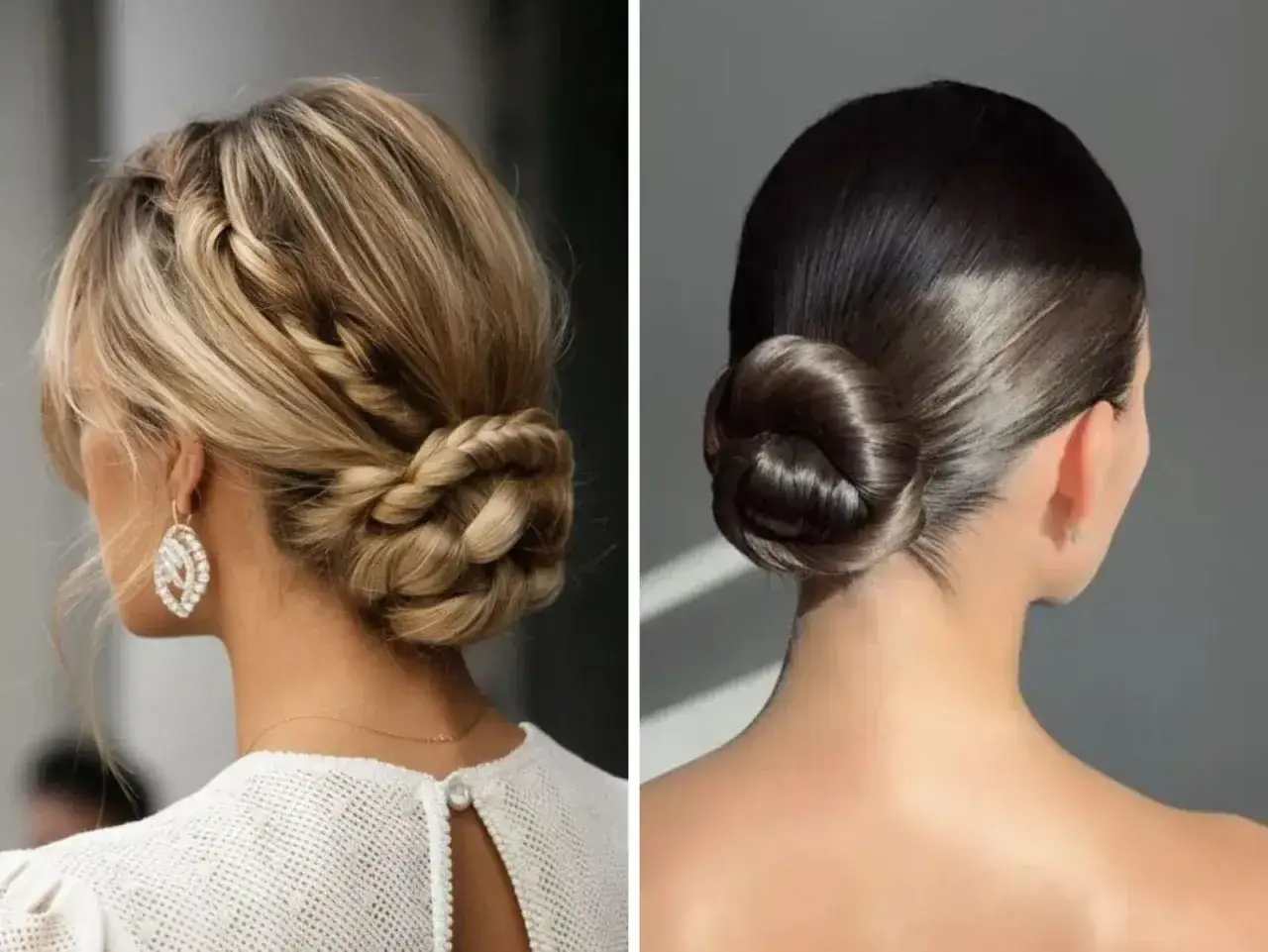 Dos recogidos elegantes, uno con trenza y otro liso, perfectos para un juvenil recogido de boda.