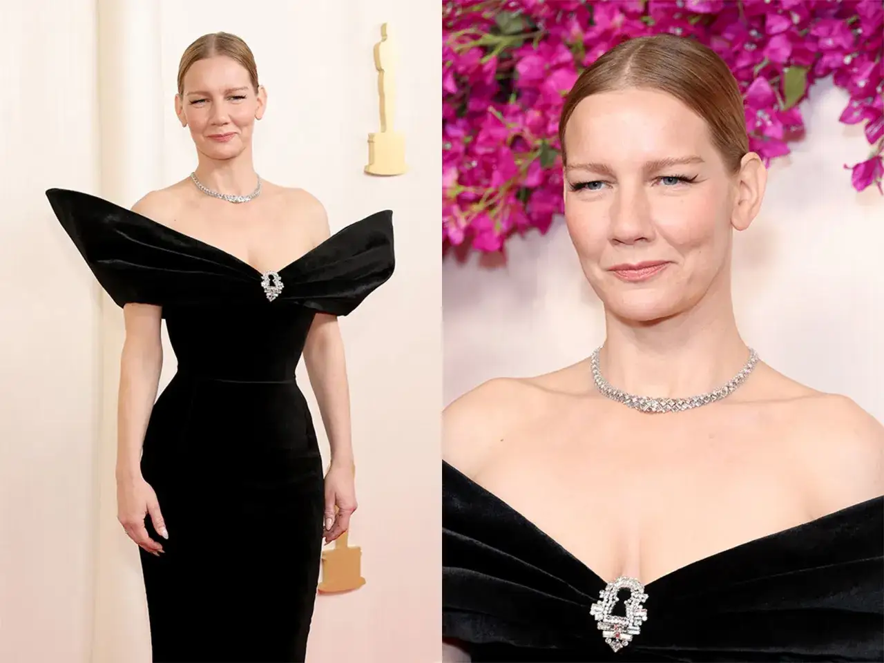 Sandra Hüller luce un elegante vestido negro con escote pronunciado y un collar de diamantes.