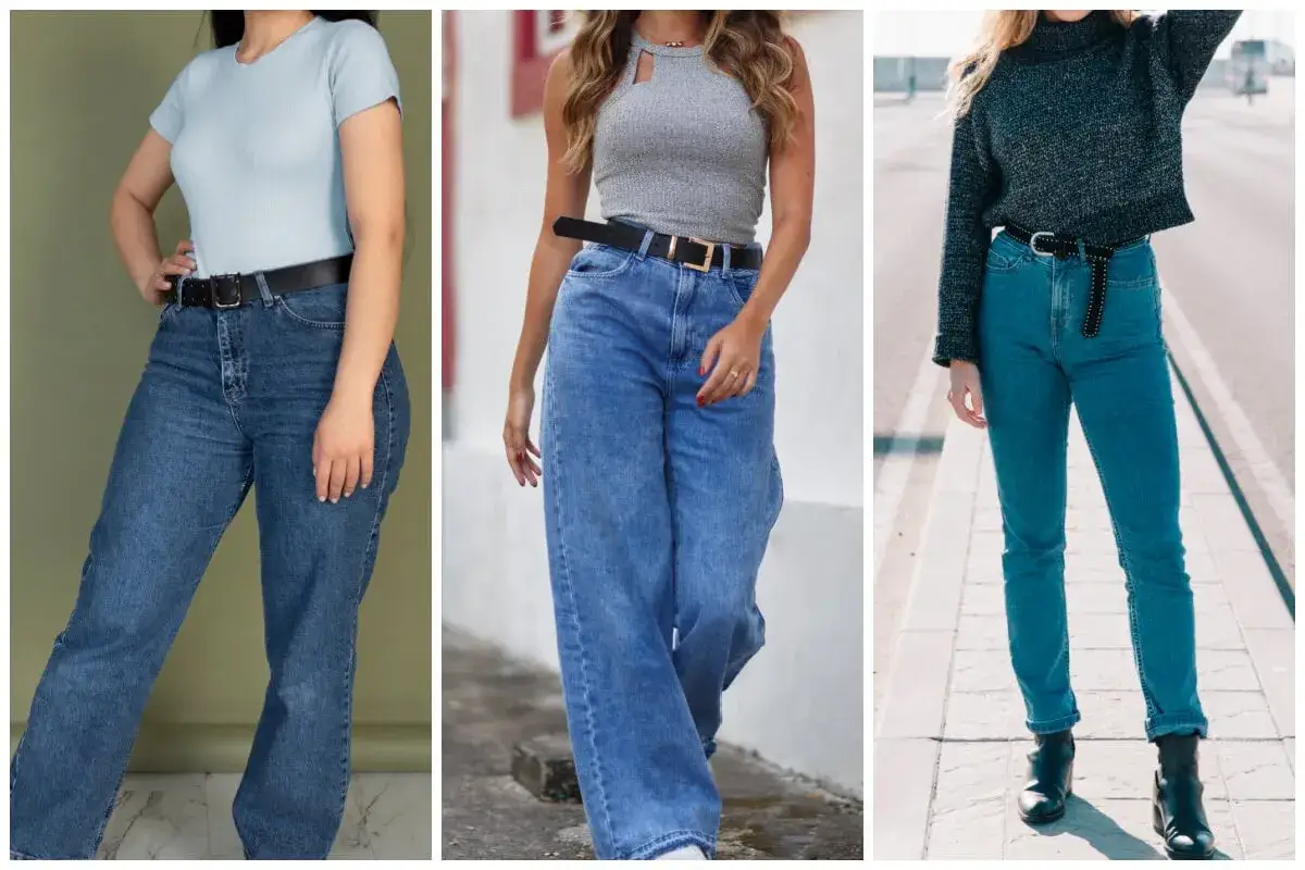 Tres mujeres lucen vaqueros mom fit, un estilo que favorece a diversas figuras, realzando la cintura y ofreciendo comodidad.