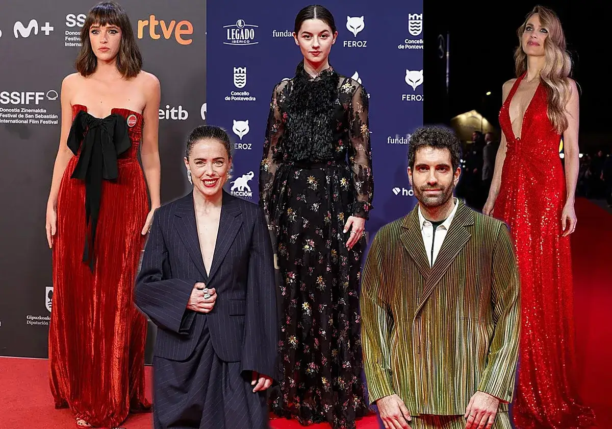 Actores y actrices deslumbran en la goya alfombra roja. Vestidos de gala y trajes llamativos crean un ambiente de glamour y expectación.
