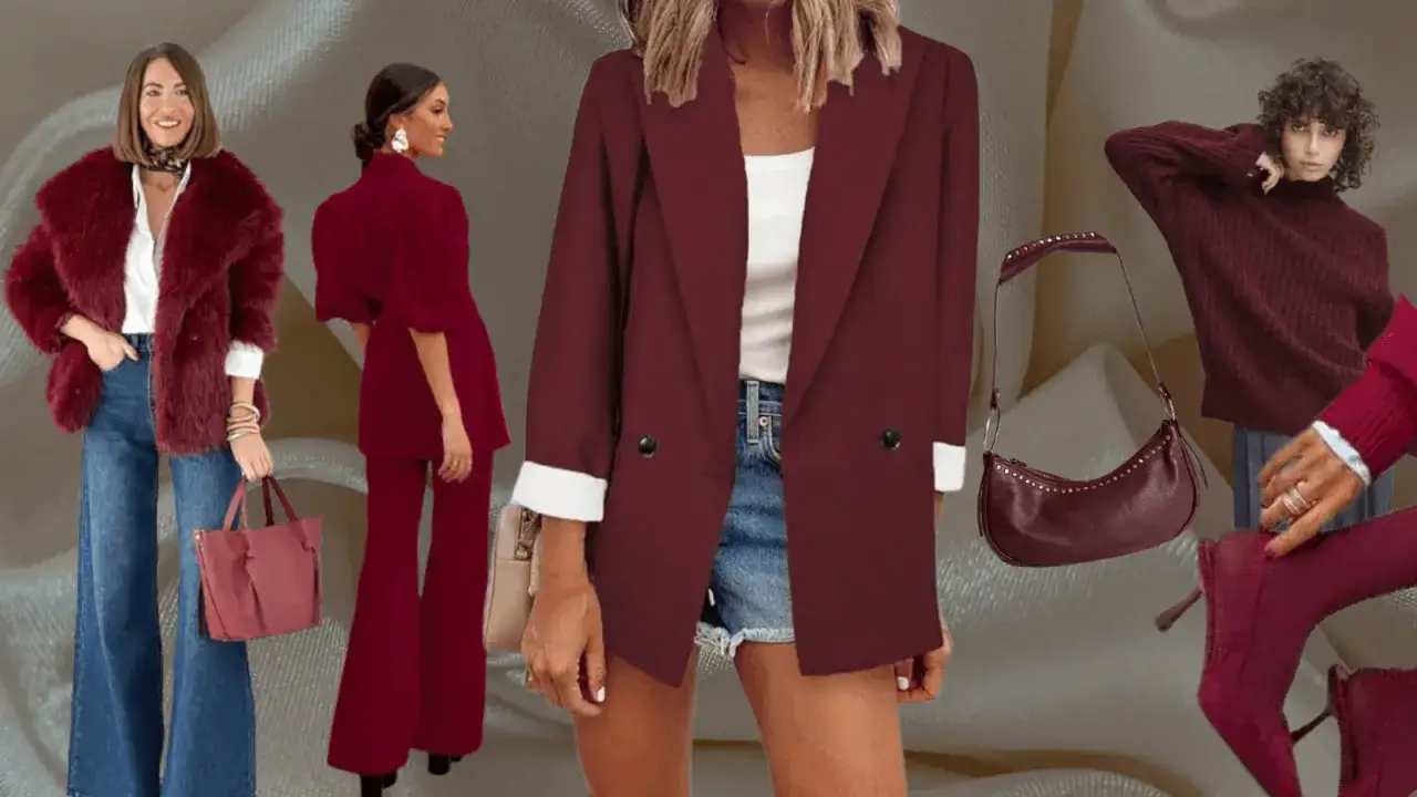 Moda en color burdeos: abrigos de pelo, trajes elegantes, blazers, bolsos y botines.