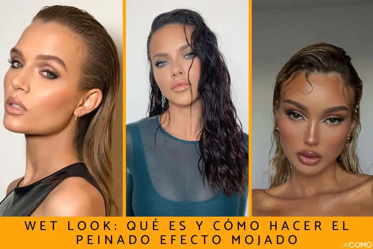 Tres modelos lucen peinados con pelo efecto mojado, un look moderno y sofisticado.