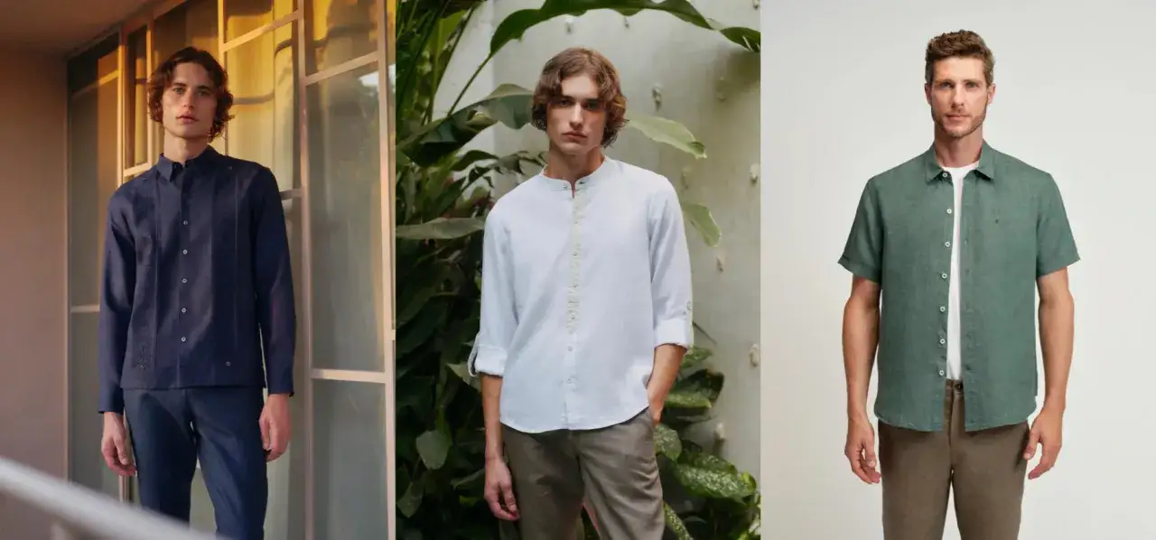 Tres hombres lucen camisas de lino, cada outfit con un significado de estilo relajado y fresco.