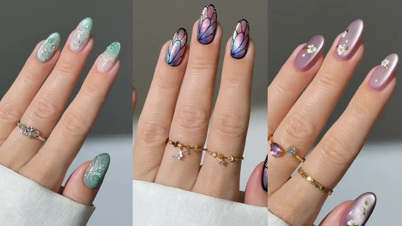 Uñas tendencia 2025: diseños etéreos con degradados verdes, alas de mariposa iridiscentes y delicadas flores en tonos pastel.
