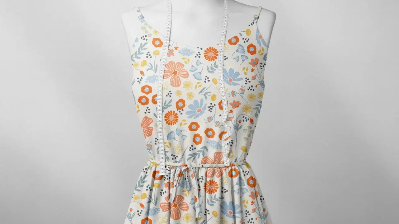 Vestido blanco con estampado floral de flores naranjas y azules, y mariposas. La tela es viscosa que es ideal para el verano.