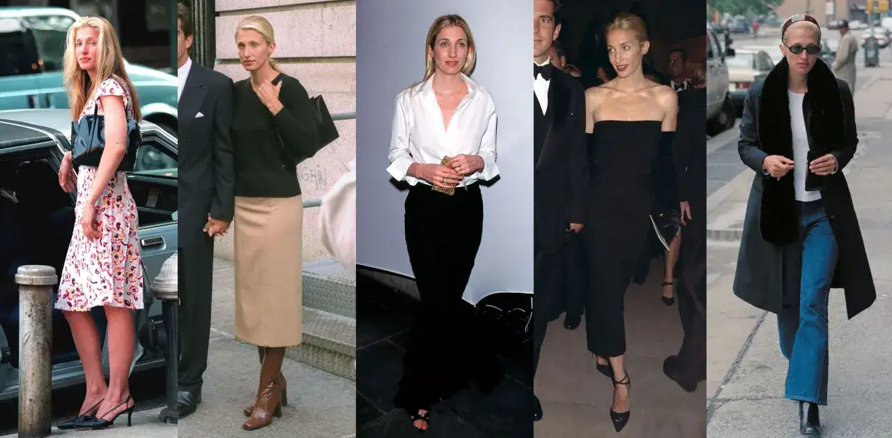 Carolyn Bessette-Kennedy, icónica por su estilo minimalista, luce varios atuendos elegantes, desde vestidos florales hasta trajes negros.