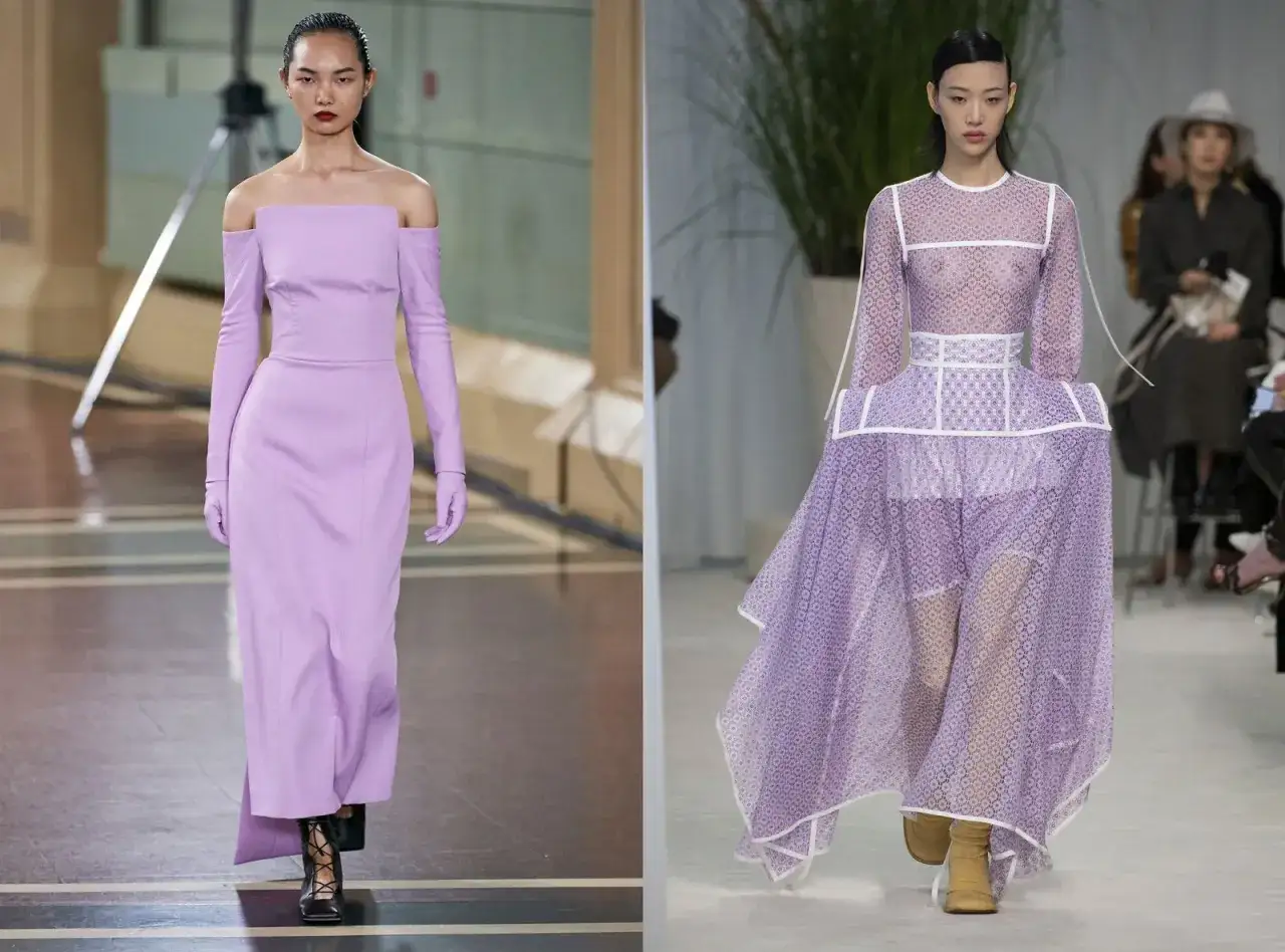 Modelos lucen vestidos de ensueño en color lila. Uno es liso y elegante, el otro, etéreo y con encaje.