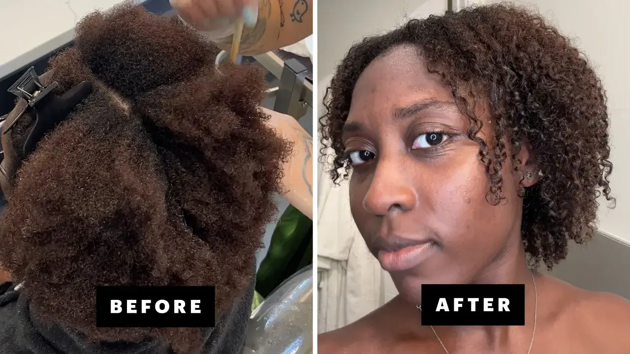 Antes y después de un alisado con keratina. Cabello rizado y voluminoso transformado en liso y sedoso.