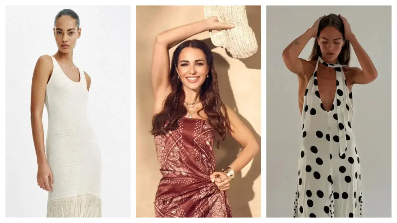 Paula Echevarría luce tres looks: vestido blanco de punto, top bandolera y vestido de lunares.