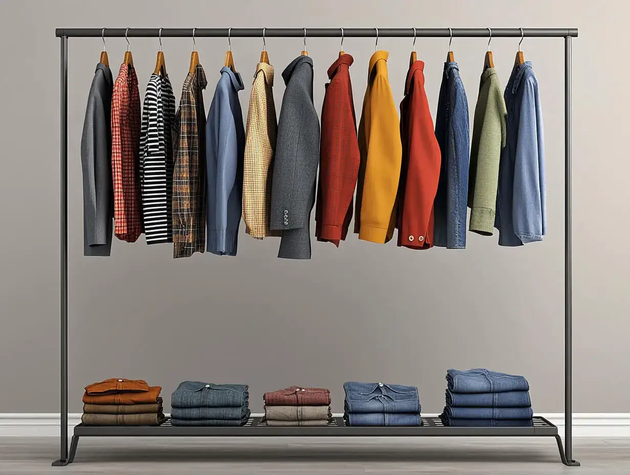 Un armario cápsula para hombre con camisas, chaquetas y pantalones vaqueros apilados.