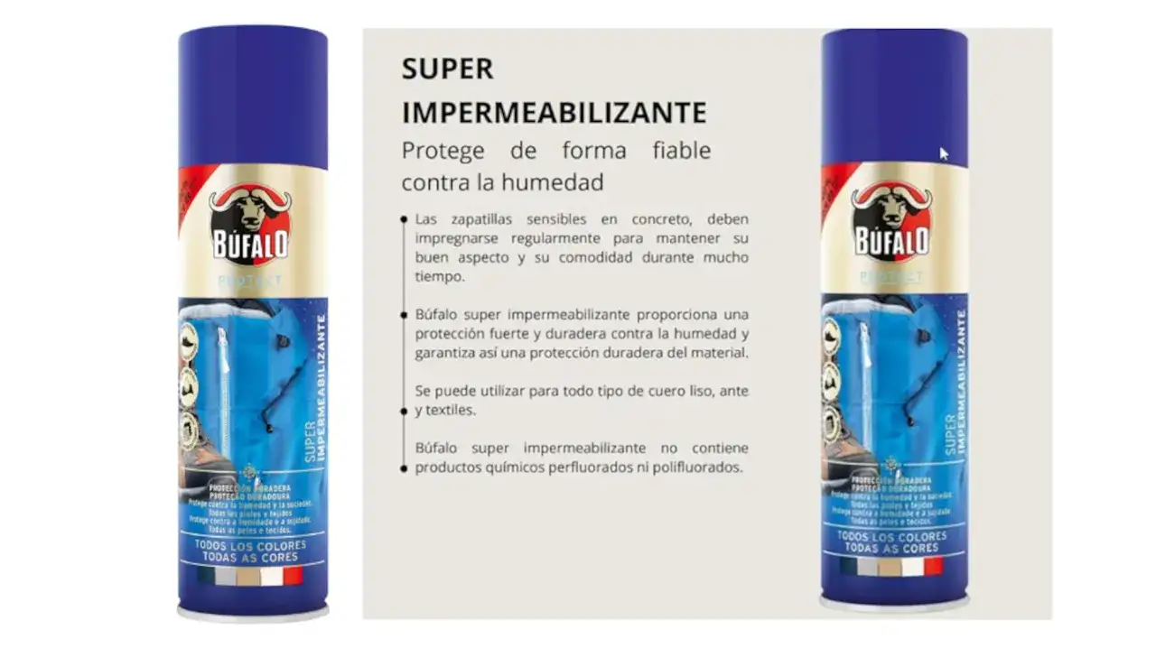 Spray impermeabilizante B&uacute;falo para proteger cuero liso, ante y textiles de la humedad. Mantiene tus zapatos como nuevos.