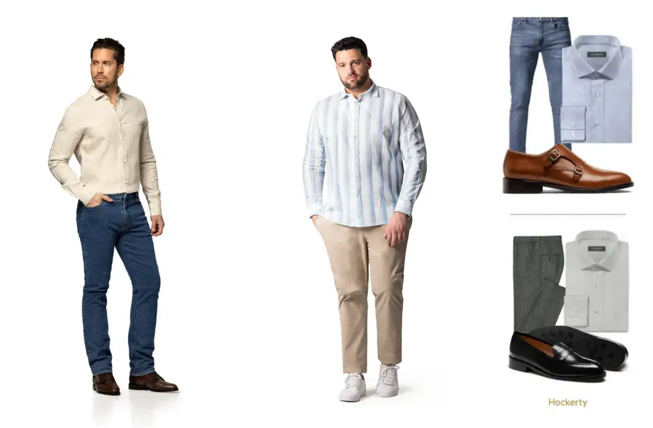 Dos hombres con atuendos business casual. Uno con camisa beige y jeans, el otro con camisa a rayas y pantalones caqui.