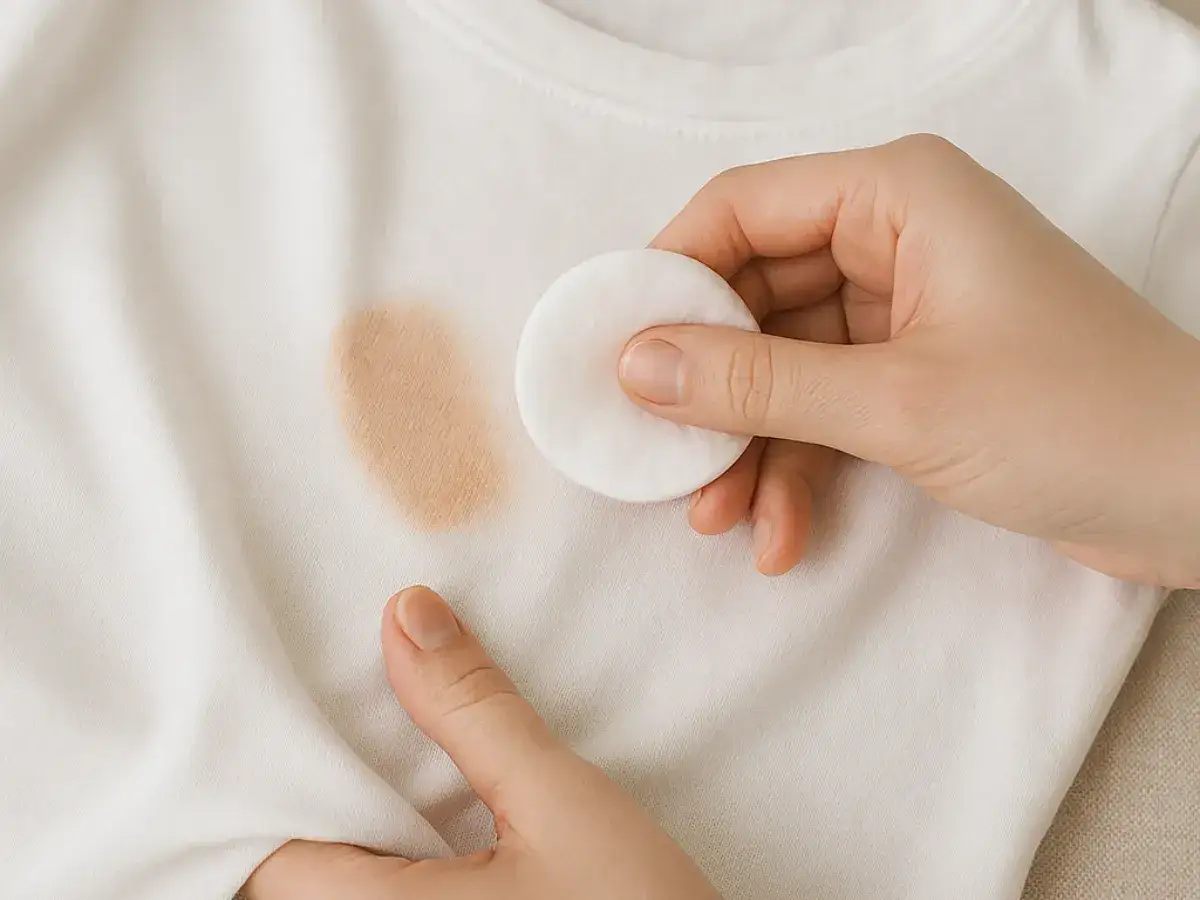 Mano limpiando una mancha de maquillaje de una camiseta blanca con un disco de algodón. Aprende como quitar maquillaje de la ropa.